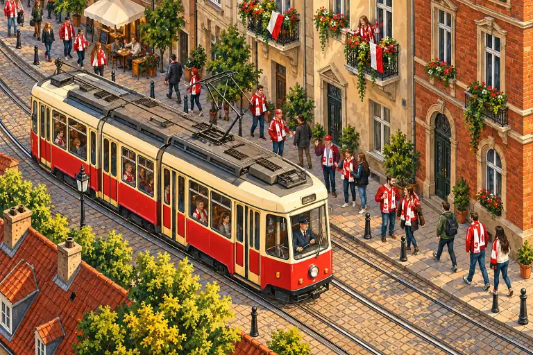 Tramwaj i kibice na ulicy