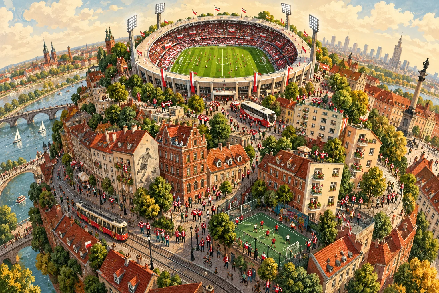 Ilustrowana piłkarska planeta ze stadionem, kamienicami i tramwajami.